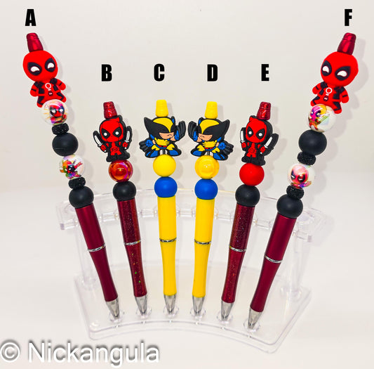Deadpool Wolverine Beaded Ballpoint Pen w/ Black Ink - Superhero Inspired Gift - Silicone Acrylic Beads & Plastic Pen - Stocking Stuffer