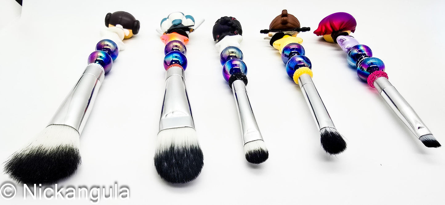 Ladies of The Galaxy 5 pc Beaded Makeup Brush Set - Upcycled Doorables - Star Wars Inspired Cosmetic Brushes - Leia Rey Ahsoka Fennec Sabine