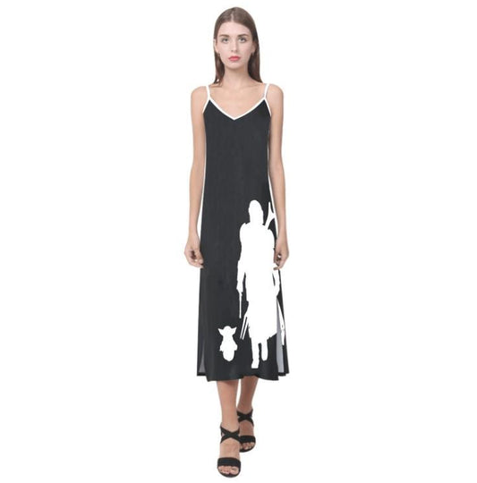 Clan of Two - Mando & Grogu Black and White V-Neck Slip Dress - Star Wars Mandalorian Baby Yoda Inspired - Sleeveless Maxi - Spaghetti Strap