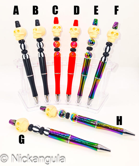 Skull Focal Beaded Ballpoint Pen - Creepy Horror Inspired Pens - Silicone and Acrylic Beads & Plastic Pen - Black Neon Orange Rainbow