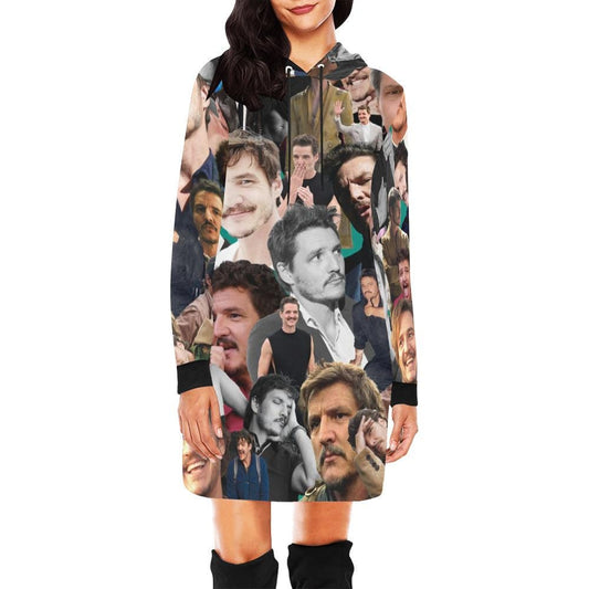 Pedro Pascal Collage Allover Print Women's Pullover Hoodie Mini Dress- Fan Inspired Hooded Sweatshirt - Cute Funny Fangirl Fashion