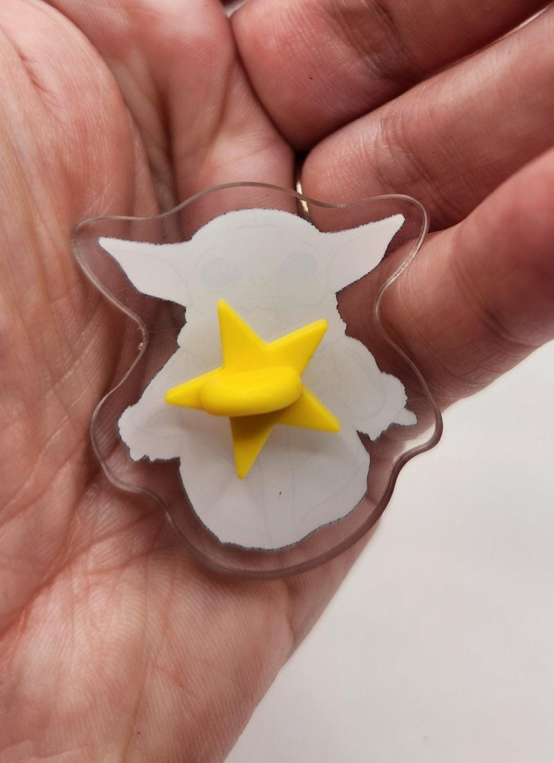 The Child 1.5" Clear Acrylic Pin w/ Yellow Star Silicone Back - Star Wars Grogu Baby Yoda Inspired Accessories - Geek Gift