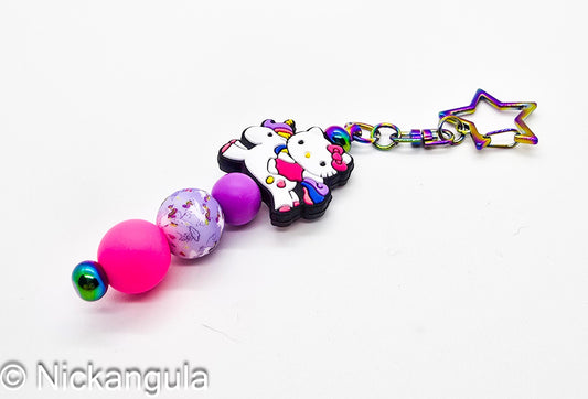 Hello Kitty on a Unicorn Beaded Bag Charm Keychain - Cute Purse Decoration - Rainbow Bar - Stocking Stuffer Gift Idea