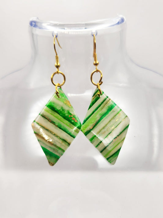 Handmade Medium Green, White & Gold Translucent Polymer Clay Diamond Dangle Earrings w/ Gold Colored Hooks - Dangly Drop Earrings - Ear Wire