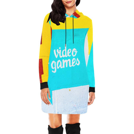 Video Games Allover Print Women's Pullover Hoodie Mini Dress- Gamer Girl Inspired Hooded Sweatshirt Maximalist Streetwear Fashion - Dopamine Dressing