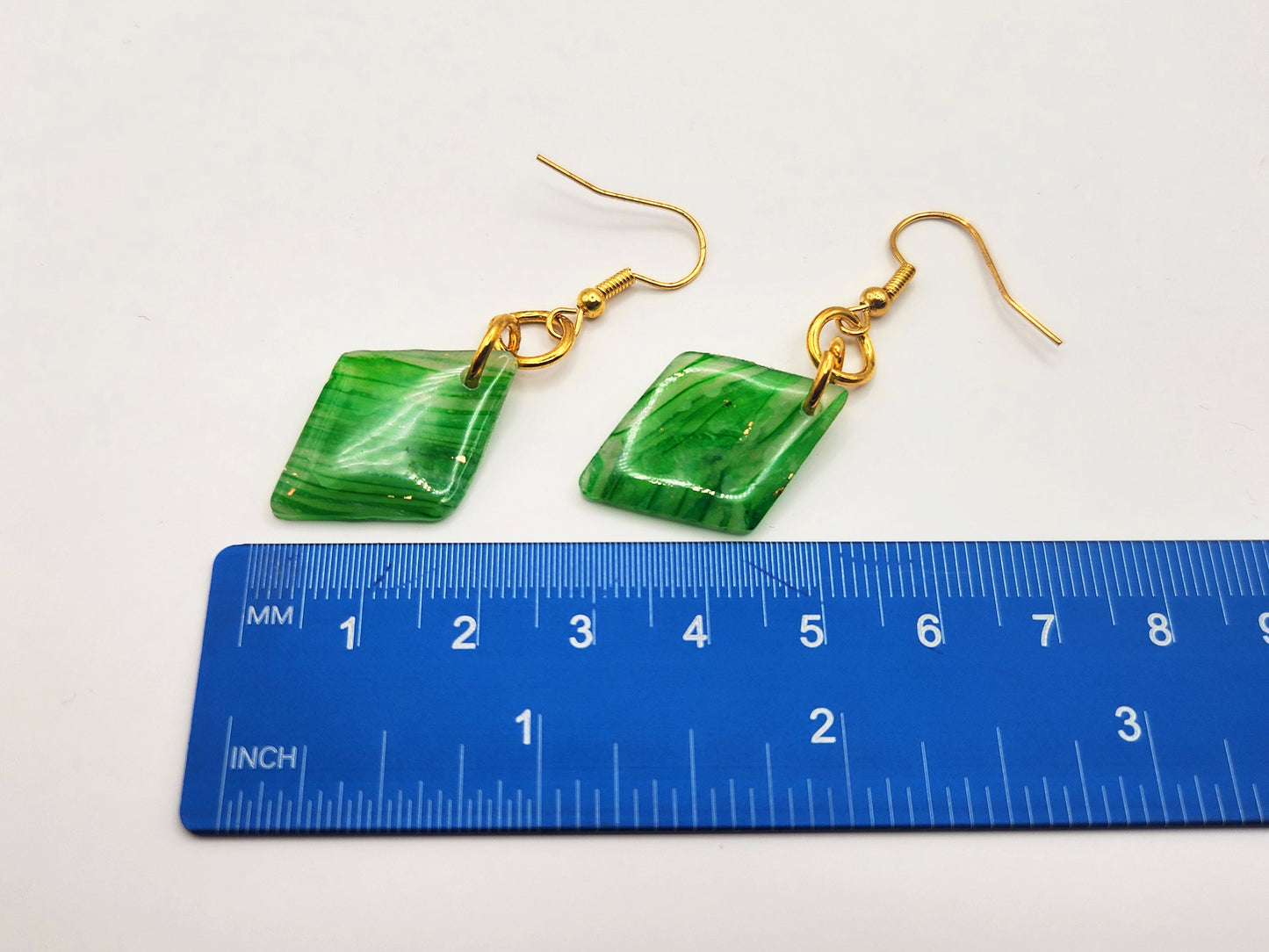 Handmade Small Striped Green, White & Gold Translucent Polymer Clay Diamond Earrings w/ Gold Colored Hooks - Dangly Drop Earrings Ear Wire