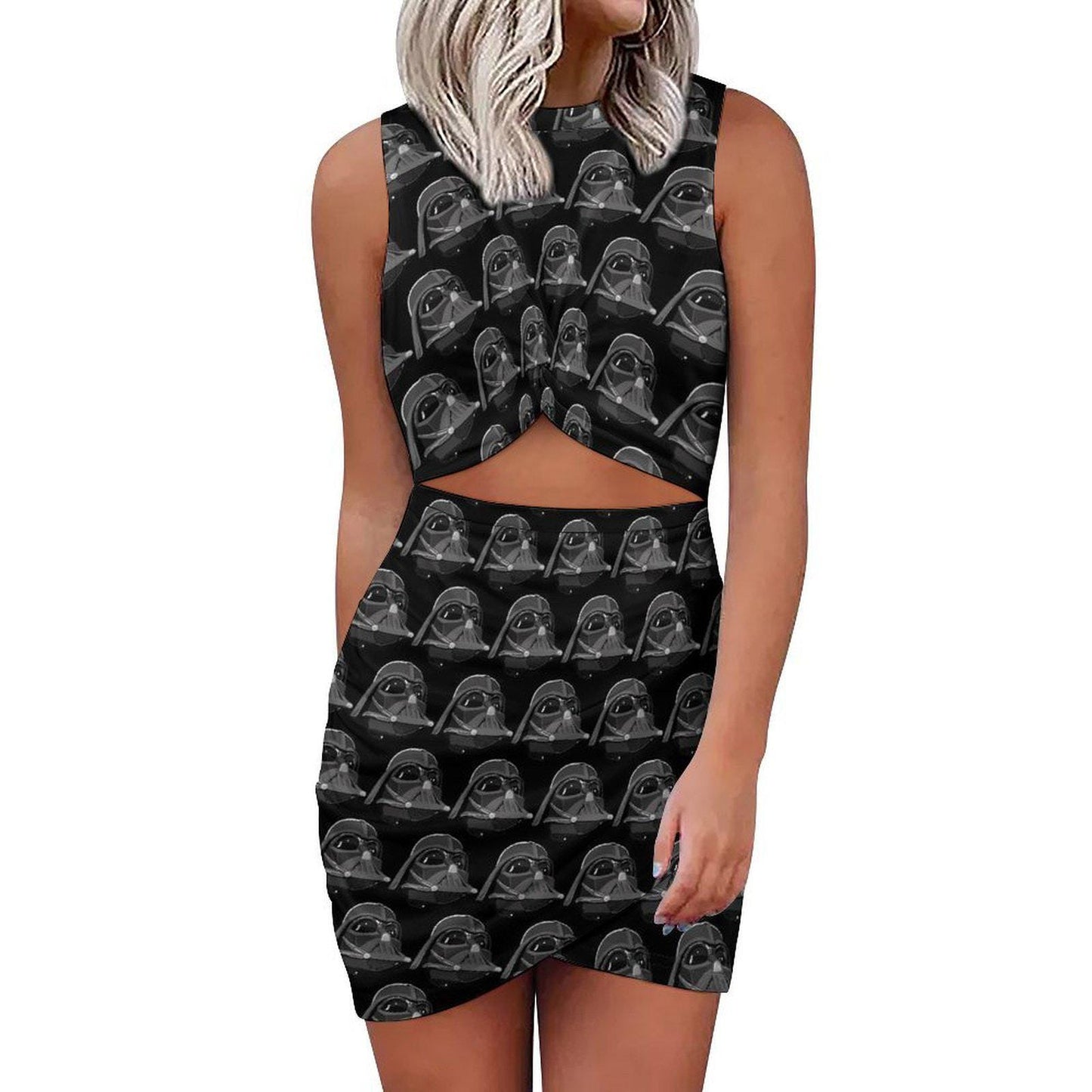 Vader or Stormtrooper Helmet Print Cutout Waist Twist Dress - Sleeveless - Star Wars Inspired Fashion - Allover Print - Geek Fashion