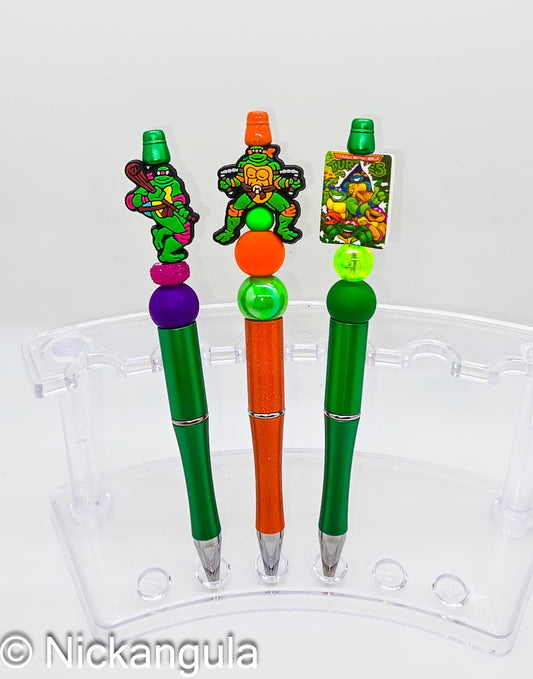 Turtles Beaded Ballpoint Pen w/ Black Ink - Ninja Inspired Gift - Silicone and Acrylic Beads & Plastic Pen - Stocking Stuffer - 80's 90's