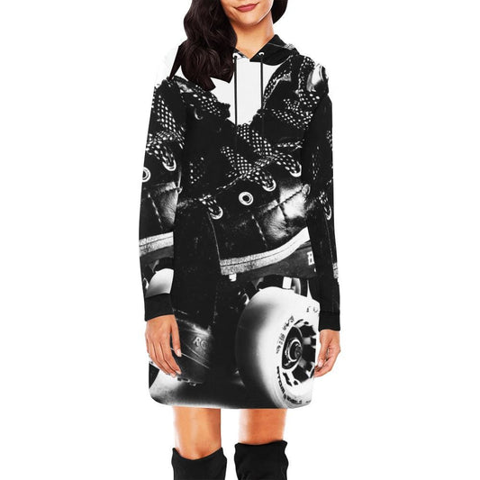 Roller Derby Skates Print Women's Pullover Hoodie Mini Dress- Roller Skating Inspired Hooded Sweatshirt Maximalist Streetwear Fashion