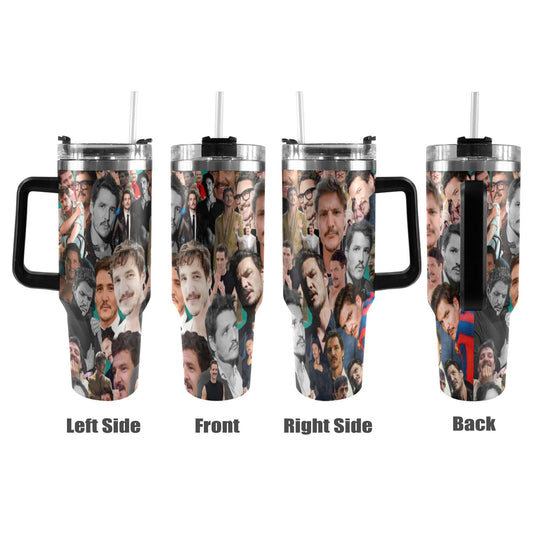 Pedro Pascal Collage 40 oz Tumbler w/ Handle - Insulated - Hot or Cold - Water Coffee - Travel Mug - Durable Stainless Steel - Straw