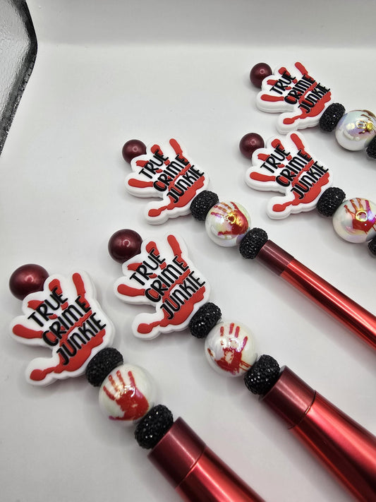 True Crime Junkie 5 pc Makeup Brush Set - Cosmetic Beauty Tools - Red and Black - Beaded - Brushes Gift Idea -Crime Mystery Podcast Fan