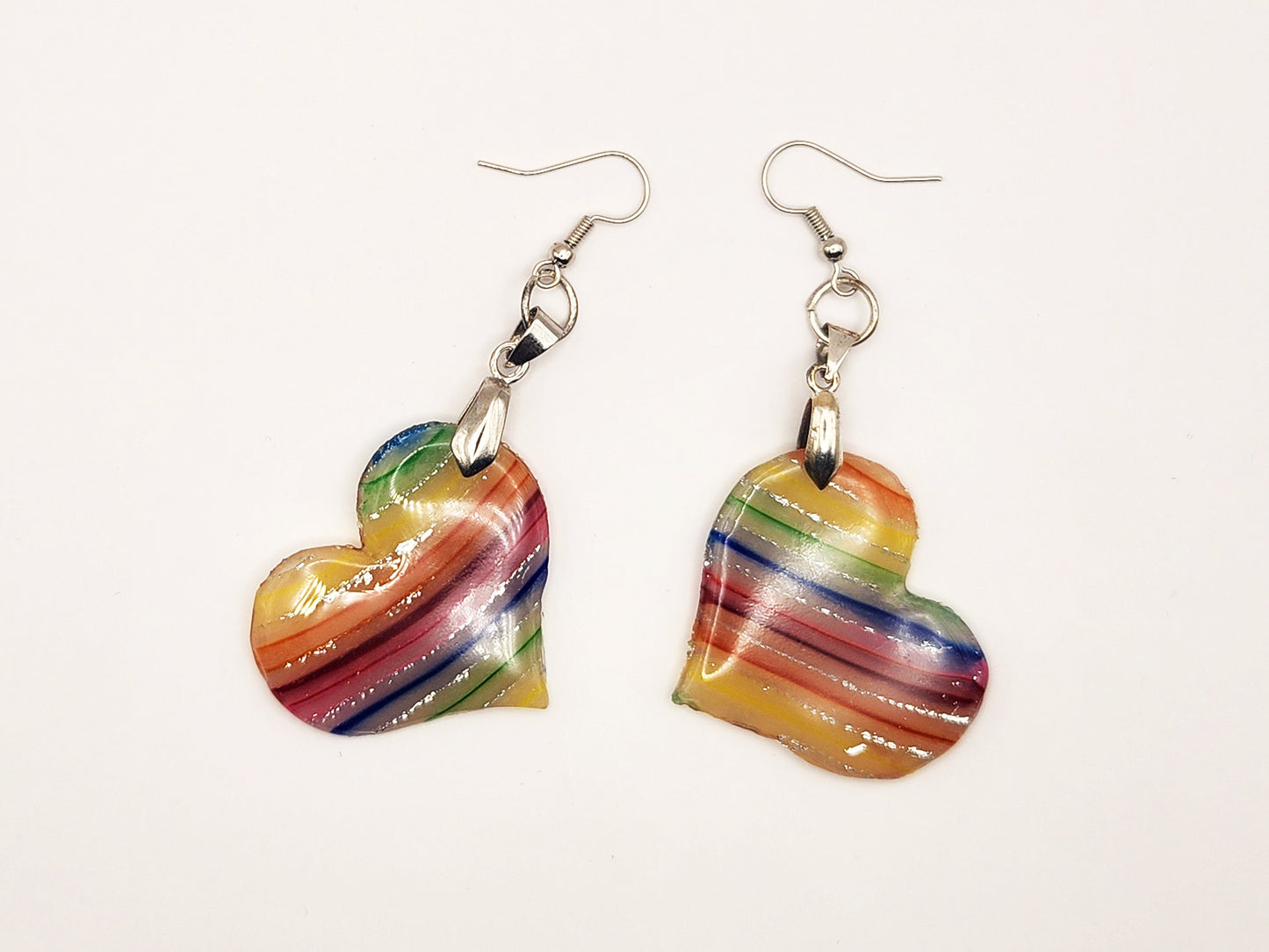 Handmade Medium Rainbow Stripes in Translucent Polymer Clay Heart Shaped Earrings w/ Silver Colored Hooks - Dangly Drop Dangle Ear Wire