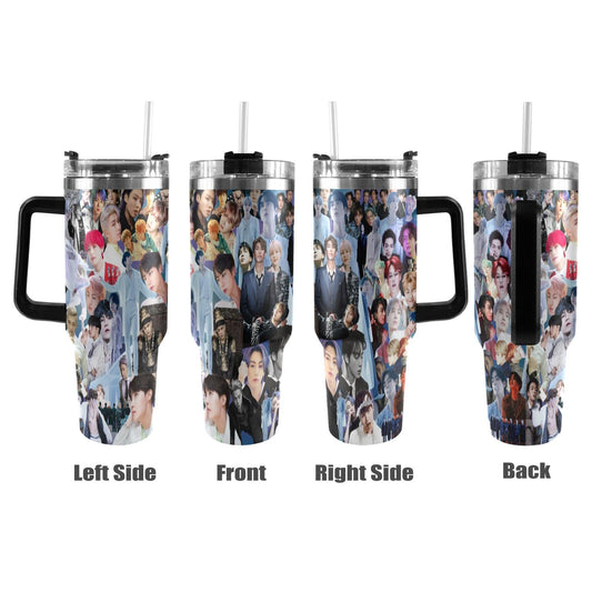 Gray BTS Collage 40 oz Tumbler w/ Handle - Insulated - Hot or Cold - Water Coffee - Travel Mug - Durable Stainless Steel - Straw Included