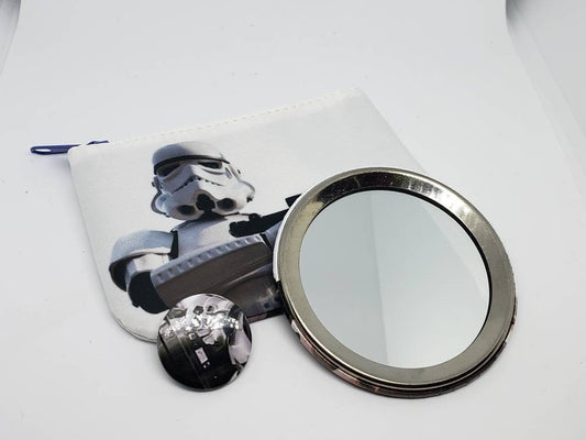 Stormtrooper Gift Set- Coin Purse, Mirror, & 1" Button - 501st Imperial Stormtrooper Star Wars Geek Fashion Gift - White w/ Blue Zipper