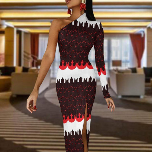 Rebel Starbirds Print One-Shoulder Slit Maxi Dress - Star Wars Rebellion Inspired Fashion - Clubwear - Sexy - Bodycon - Geek Style Evening Dress