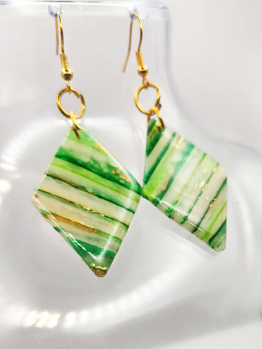 Handmade Medium Green, White & Gold Translucent Polymer Clay Diamond Dangle Earrings w/ Gold Colored Hooks - Dangly Drop Earrings - Ear Wire