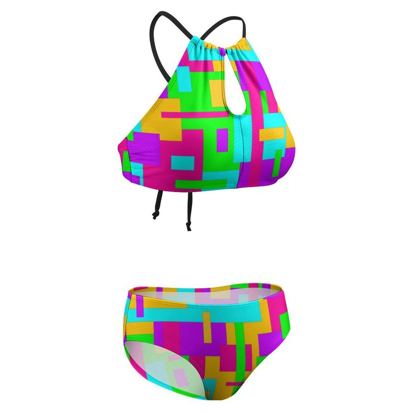 Neon Color Block Print 2 Piece Halter Bikini Swimsuit - Colorful Swimwear - S - 2XL - Tie Back Swim Suit