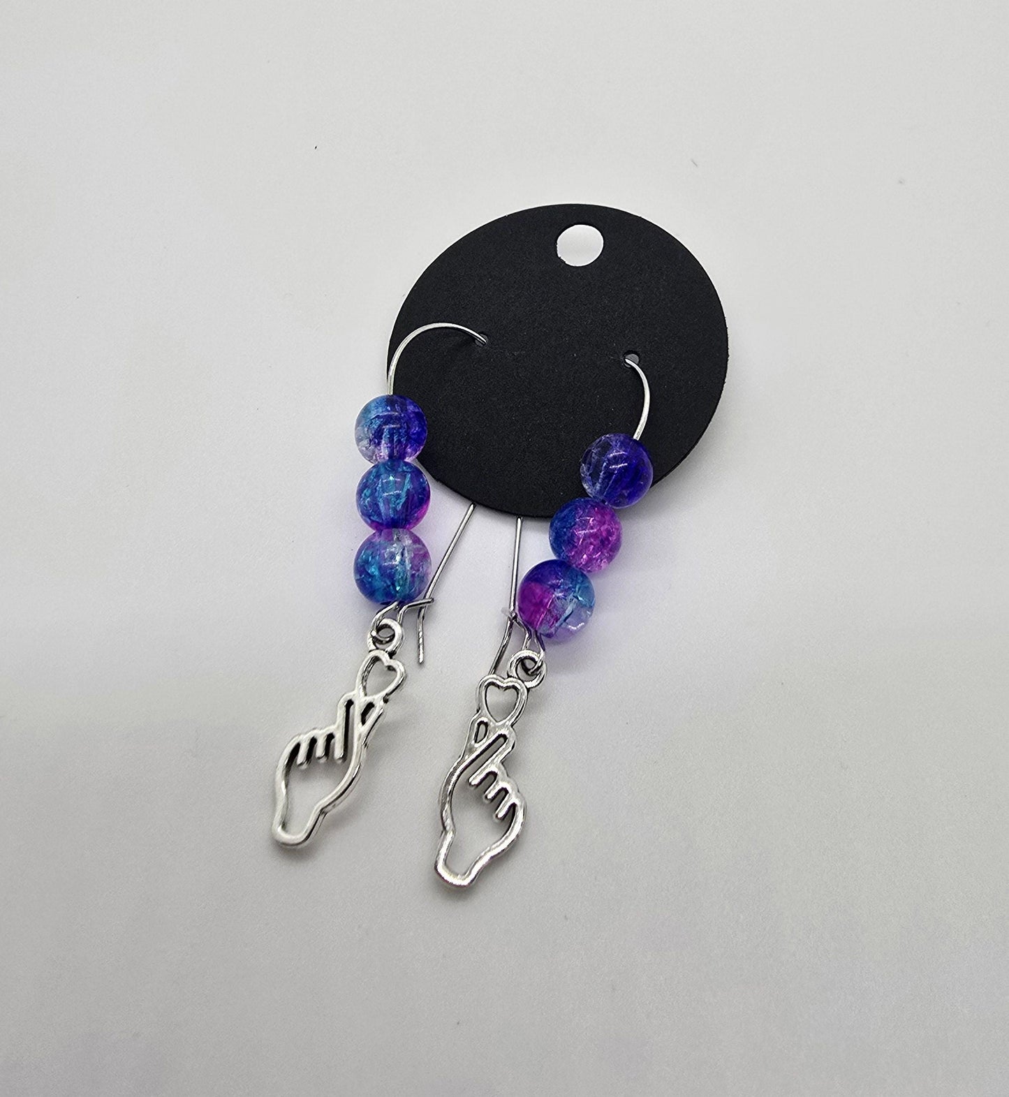 3 Options - K-Pop Finger Heart Dangle Earrings w/ Beaded Loop Earring Hooks - Drop Earrings - Purple Pink Blue White