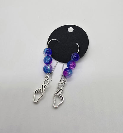 3 Options - K-Pop Finger Heart Dangle Earrings w/ Beaded Loop Earring Hooks - Drop Earrings - Purple Pink Blue White