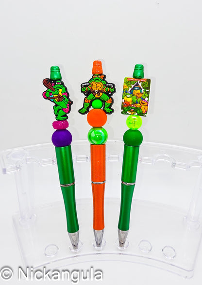 Turtles Beaded Ballpoint Pen w/ Black Ink - Ninja Inspired Gift - Silicone and Acrylic Beads & Plastic Pen - Stocking Stuffer - 80's 90's