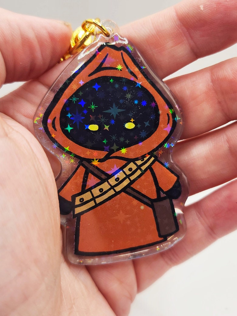 Chibi Jawa Sparkly Acrylic Keychain with Gold Star-Shaped Key Ring - 3" Tall - Double Sided - Hologram - Star Wars Inspired Gift - Bag Charm