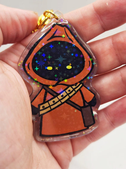 Chibi Jawa Sparkly Acrylic Keychain with Gold Star-Shaped Key Ring - 3" Tall - Double Sided - Hologram - Star Wars Inspired Gift - Bag Charm