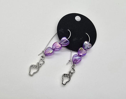 3 Options - K-Pop Finger Heart Dangle Earrings w/ Beaded Loop Earring Hooks - Drop Earrings - Purple Pink Blue White