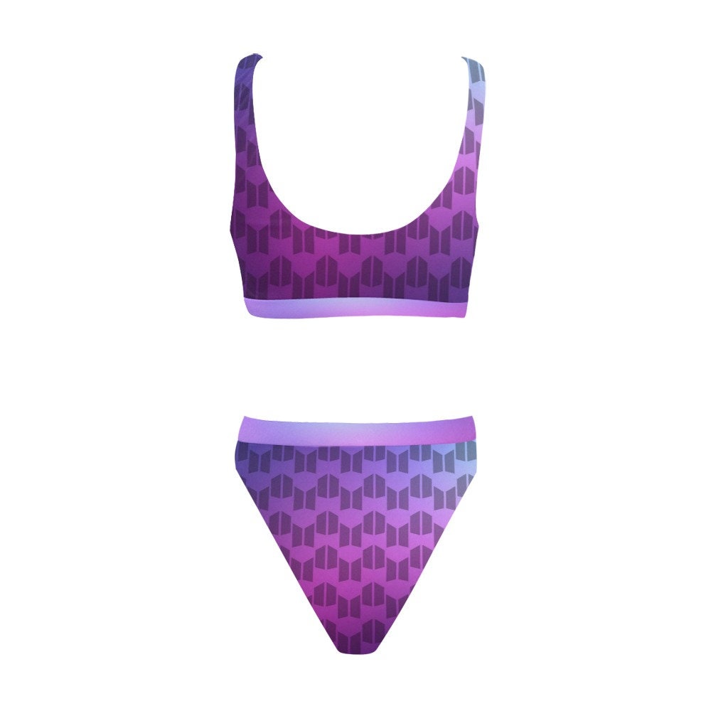 BTS & ARMY Symbols Print Sport Top and High-Waist Bikini Swimsuit Set - K-Pop Inspired Fashion Swimwear - High Cut Leg - Purple - Logos