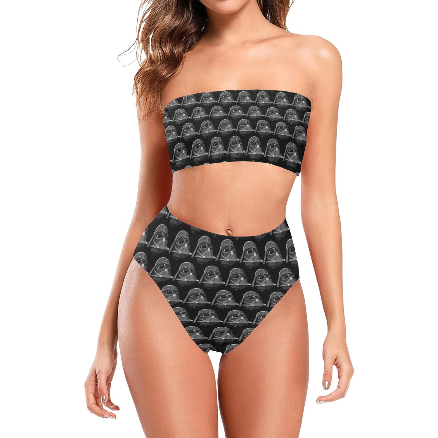 Vader Helmet Print Strapless 2 Piece Chest Wrap Bikini Swimsuit - Star Wars Darth Vader Inspired Swimwear - High Waist - XS - 5XL - Black