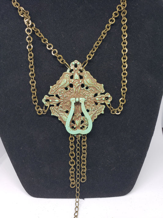 Knocker Necklace - Ornate Antique Style Jewelry - Green and Brass - Vintage-Look - Handmade - Victorian Style - Unique - Multi-Strand