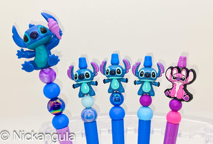 Stitch or Angel Beaded Ballpoint Pens - Cartoon Inspired Character Beadable Pen - Silicone and Acrylic Beads Plastic Pen - Stocking Stuffer