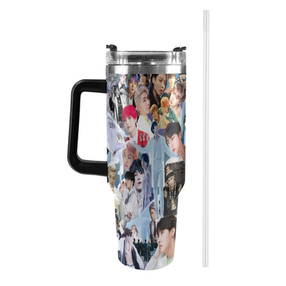 Gray BTS Collage 40 oz Tumbler w/ Handle - Insulated - Hot or Cold - Water Coffee - Travel Mug - Durable Stainless Steel - Straw Included