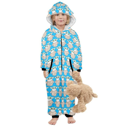 The Child on Blue Print Hooded Onesie Pajamas For Little Kids w/ Ears - Star Wars Grogu Baby Yoda Inspired Children's Sleepwear - PJ's
