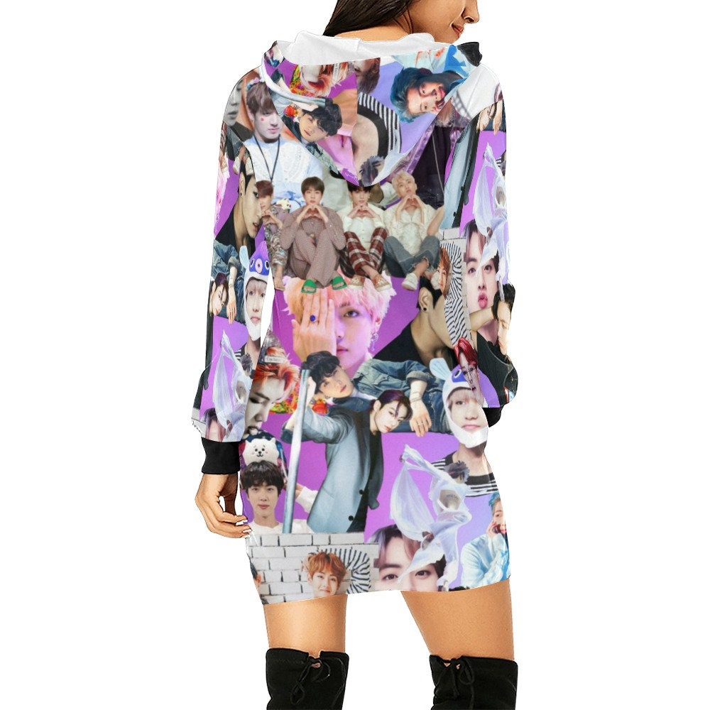 BTS Collage Allover Print Women's Pullover Hoodie Dress- K-Pop Inspired Hooded Sweatshirt - Bangtan - Jin Jungkook V J-Hope RM Jimin Suga
