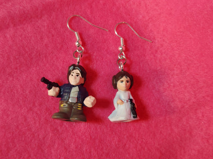 Han & Leia Dangle Earrings - Star Wars Pods Figure Toy Jewelry - Han Solo Leia Organa - Cute Couple Jewelry - Geek Fashion - Upcycled Toys