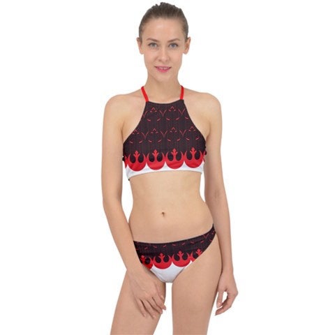 SAMPLE - Medium Art Deco Rebel Starbird Racer Front Bikini - 2 Piece Swimsuit - Star Wars Inspired Rebel Alliance Symbol - Black Red White