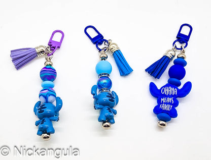 Stitch Bag Charms - Cute Alien Character Inspired Purse Decoration - Handbag Charm - Ohana Means Family - Hawaiian Saying - Leather Tassel