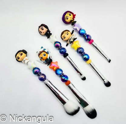 Ladies of The Galaxy 5 pc Beaded Makeup Brush Set - Upcycled Doorables - Star Wars Inspired Cosmetic Brushes - Leia Rey Ahsoka Fennec Sabine
