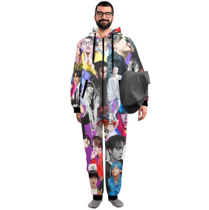 Purple BTS Collage Unisex Adult One Piece Onesie Pajamas - K-Pop Inspired Sleepwear Loungewear - Jin Jimin JHope JungKook Suga RM V - Lounge