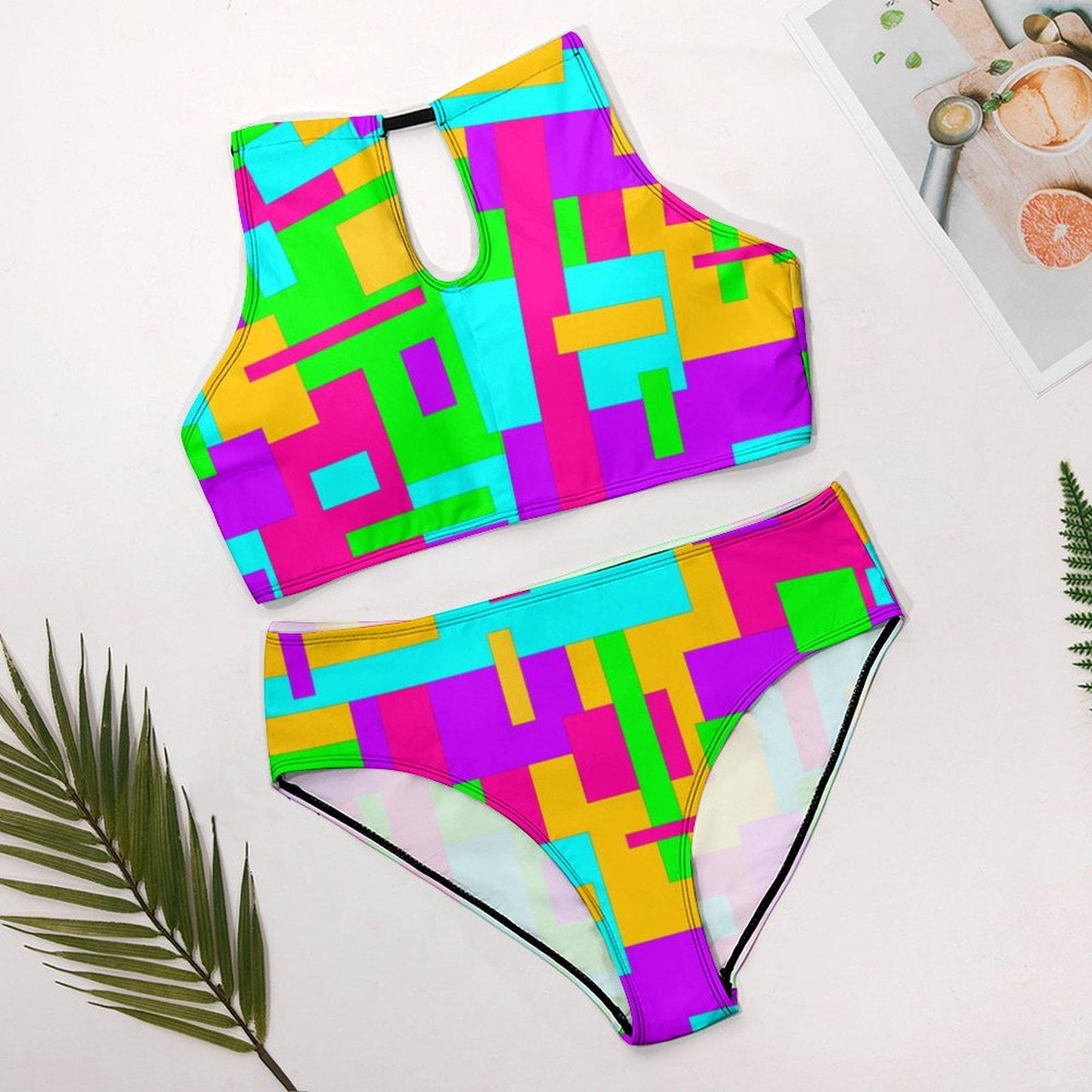 Neon Color Block Print 2 Piece Halter Bikini Swimsuit - Colorful Swimwear - S - 2XL - Tie Back Swim Suit