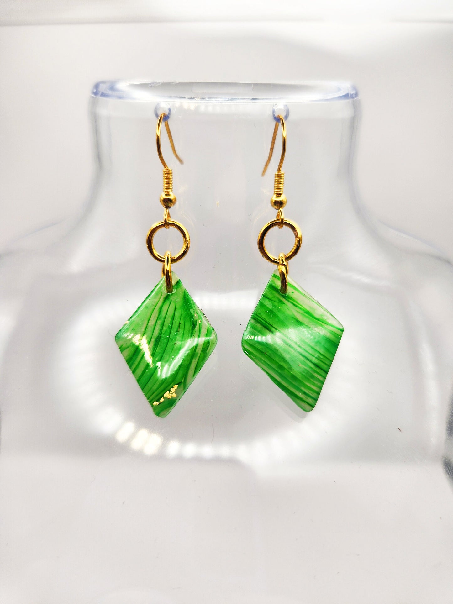 Handmade Small Striped Green, White & Gold Translucent Polymer Clay Diamond Earrings w/ Gold Colored Hooks - Dangly Drop Earrings Ear Wire