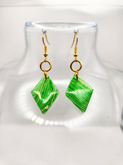 Handmade Small Striped Green, White & Gold Translucent Polymer Clay Diamond Earrings w/ Gold Colored Hooks - Dangly Drop Earrings Ear Wire