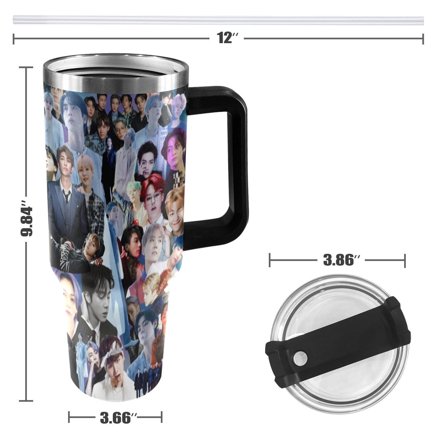 Gray BTS Collage 40 oz Tumbler w/ Handle - Insulated - Hot or Cold - Water Coffee - Travel Mug - Durable Stainless Steel - Straw Included