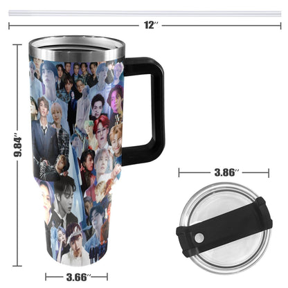 Gray BTS Collage 40 oz Tumbler w/ Handle - Insulated - Hot or Cold - Water Coffee - Travel Mug - Durable Stainless Steel - Straw Included