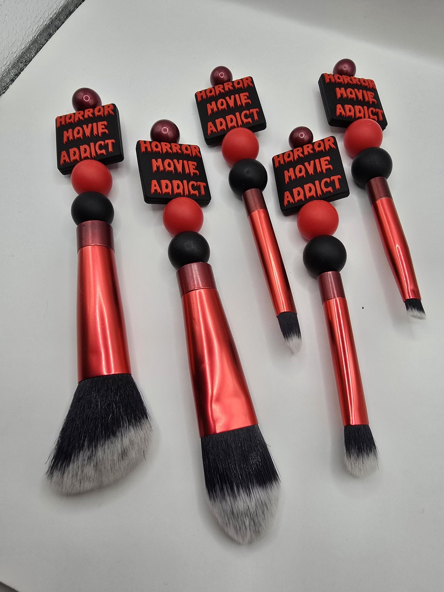 Horror Movie Addict 5 pc Makeup Brush Set - Cosmetic Beauty Tools - Black Red - Beaded - Scary Movies Fan Inspired Brushes Gift Idea