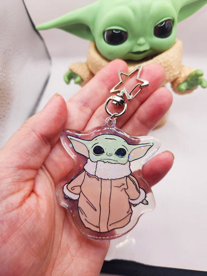 The Child Sparkly Acrylic Keychain w/  Star-Shaped Key Ring 3" Tall - Double Sided - Hologram - Star Wars Grogu Baby Yoda Inspired Bag Charm