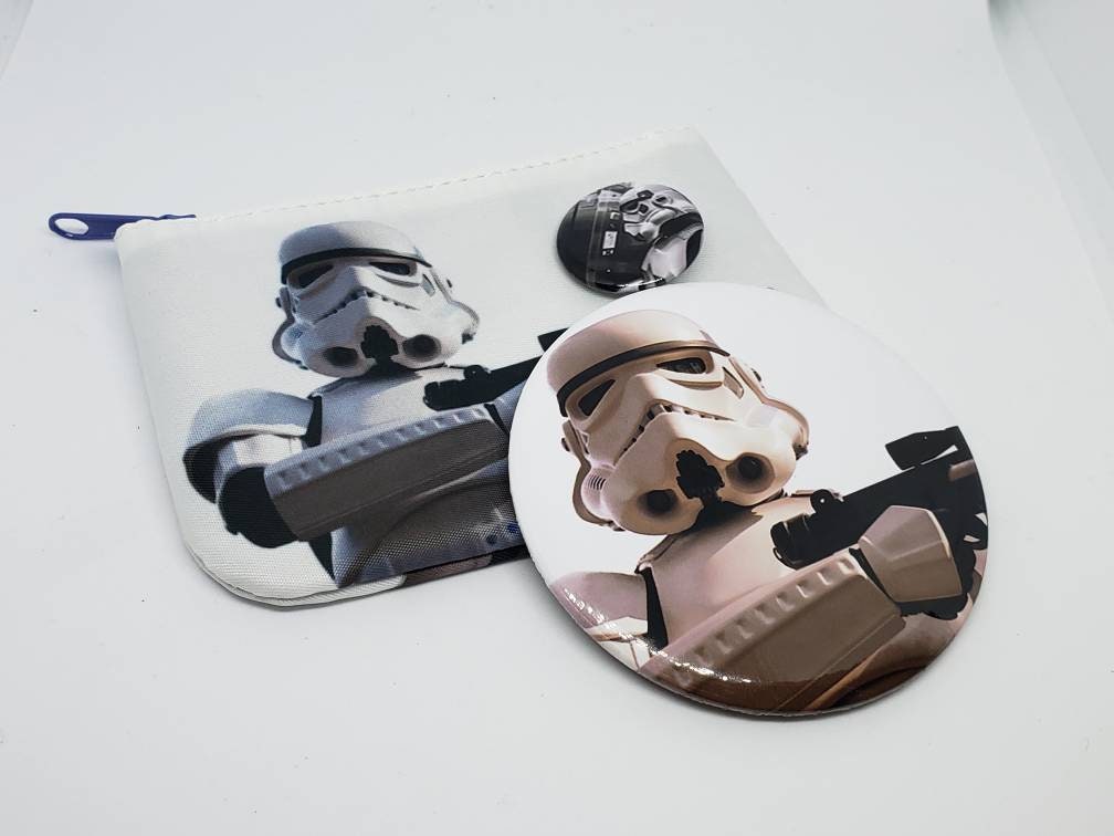 Stormtrooper Gift Set- Coin Purse, Mirror, & 1" Button - 501st Imperial Stormtrooper Star Wars Geek Fashion Gift - White w/ Blue Zipper