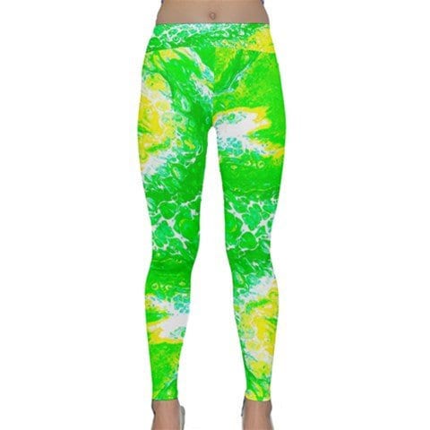 SAMPLE SALE - LARGE Green, Yellow, & White Acrylic Paint Pour Yoga Leggings - Roller Derby - Active Wear - Wearable Fluid Art - Abstract