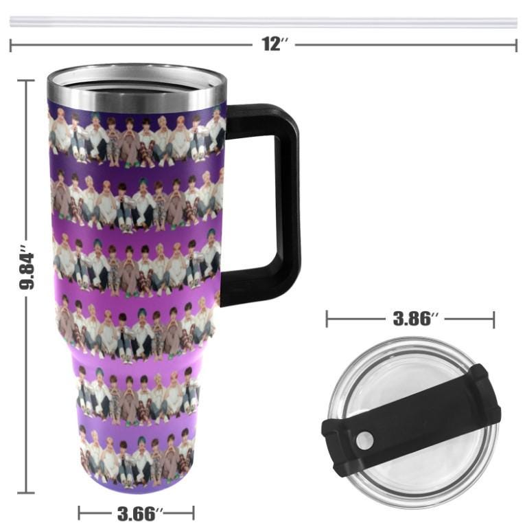 BTS Stripes 40 oz Tumbler w/ Handle - Insulated - Hot or Cold - Water - Coffee - Travel Mug - Durable Stainless Steel - Straw Included