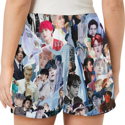Gray BTS Collage Print Women's Pajama Shorts - K-Pop Inspired Sleepwear Loungewear - Jin Jimin JHope JungKook Suga RM V - Lounge Sleep